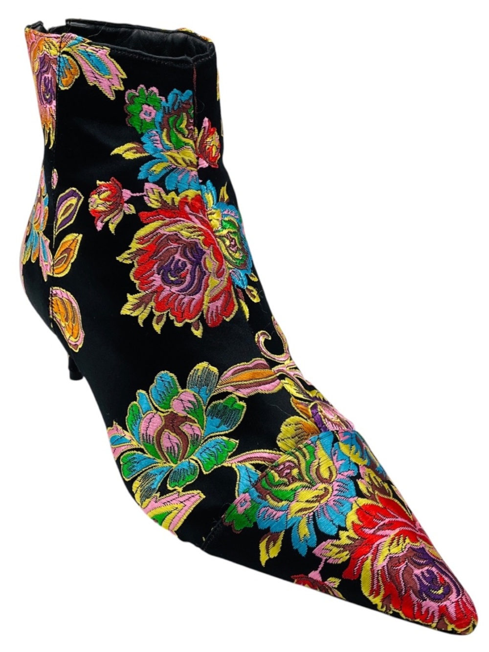 ALEXANDRE BIRMAN BLACK MULTI FLORAL JACQUARD SATIN ANKLE BOOTS